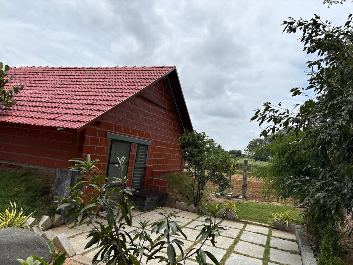 The house from the paved path that runs past it, tile roof low against the sky, a frangipani in the foreground, and open fields visible away to the right.
